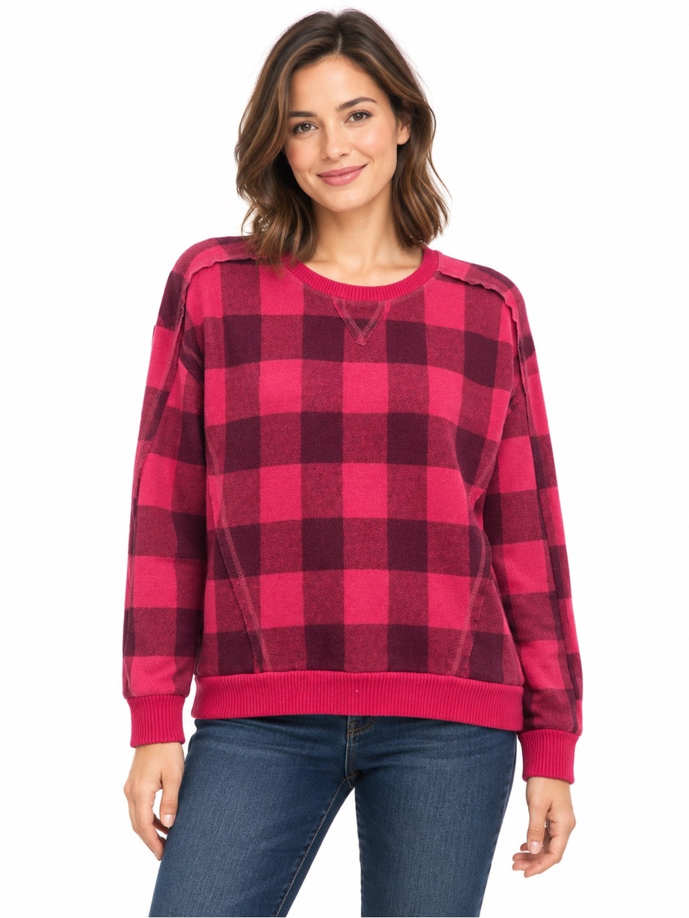 Plaid Crewneck Sweater in red and black
